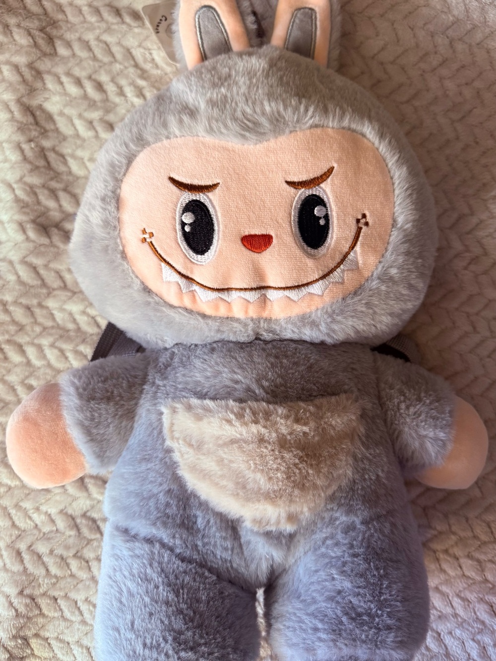 Plush Grey Bunny Monster Kids Backpack - Soft Plush Companion